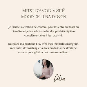 May include: A woman with brown hair and glasses is sitting in front of a laptop. The text on the image reads "Merci d'avoir visit&eacute; Mood de Luna Design. Je facilite la cr&eacute;ation de contenu pour les entrepreneurs du bien-&ecirc;tre et je les aide &agrave; vendre des produits digitaux compl&eacute;mentaires &agrave; leur activit&eacute;. D&eacute;couvre ma boutique Etsy avec mes templates Instagram, mes outils de coaching et autres produits avec droits de revente pour g&eacute;n&eacute;rer des revenus en ligne. C&eacute;lia."