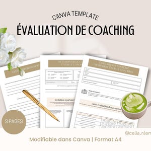Peut inclure: Modèle Canva pour l'évaluation de coaching, comprenant trois pages de formulaires. Le design inclut un stylo, une tasse de latte art vert et des éléments floraux. Le texte comprend "ÉVALUATION DE COACHING" et "Modifiable dans Canva | Format A4".