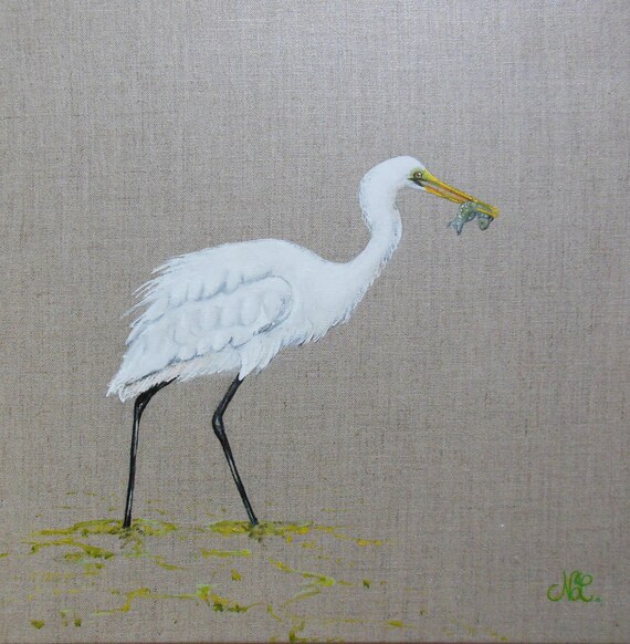Tableau Oiseau Grande Aigrette à La Pêche Peinture Animalère Sur Toile De Lin Naturel