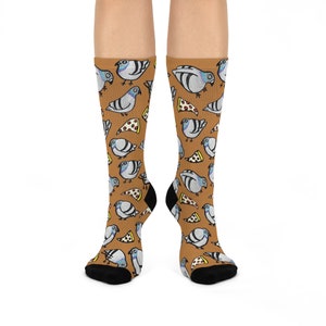 Weird and Whimsical Tan Pigeon and Pizza Socks - Perfect White Elephant or Novelty Gift Idea