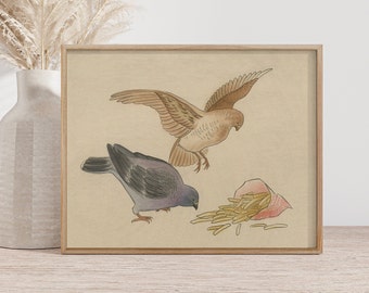 May include: A watercolor illustration of two birds, one brown and one gray, with a bag of french fries on a beige background.