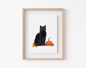black cat and pumpkin, PRINT, halloween decor, halloween art, black cat art, black cat decor, samhain art, samhain decor