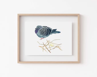 pigeon painting, pigeon nest, pigeon art, pigeon gift, weird art, gallery wall art, random art, lazy nest