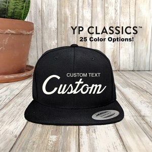 Custom Vintage Script Hat, Yupoong Classic Snapback Hat, Green Under Visor, Vintage Script Style Personalized Embroidery, Bulk Discounts