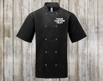 Custom Embroidered Chef Coat: Personalized Short Sleeve, Studded Front Cooking Jacket