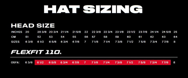 The hat size chart for Yupoong Flexfit 110 hats. OSFA is the only option but includes most youth and XXL sizes.