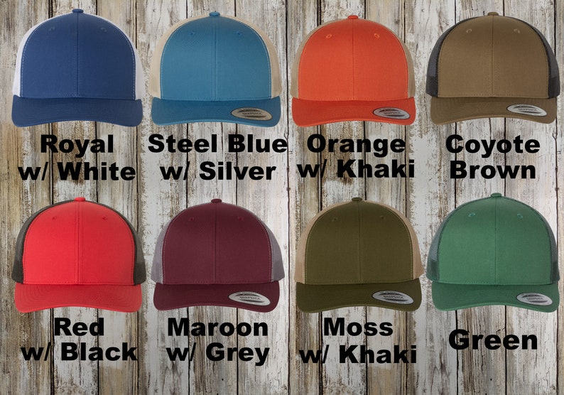 May include: A variety of trucker hats in different colors and mesh back panels. The hats are arranged in two rows of five. The colors include royal blue with white mesh, steel blue with silver mesh, orange with khaki mesh, coyote brown with brown mesh, red with black mesh, maroon with grey mesh, moss green with khaki mesh, and green with grey mesh. The text below each hat identifies the color and mesh color.