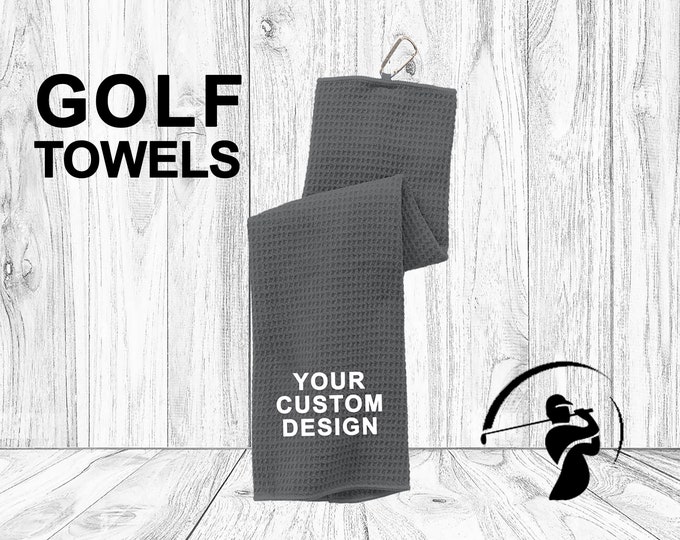 Custom Golf Towel / Embroidered Golf Towel / Personalized Golfing Rag / Waffle Microfiber Rags / Golfer Tri Fold Towel with Silver Carabiner