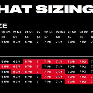 The hat size chart for Yupoong Flexfit hats. OSFA, youth, S/M, L/XL, and XXL sizes are available.