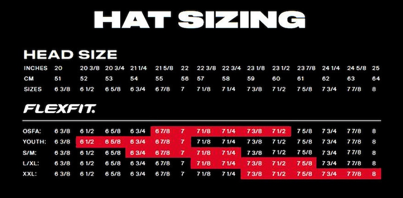 The hat size chart for Yupoong Flexfit hats. OSFA, youth, S/M, L/XL, and XXL sizes are available.