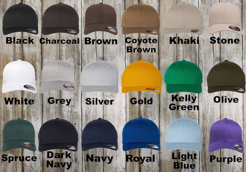 A collection of custom Flexfit hats. The collection includes colors: Black, charcoal, white, brown, purple, gold, grey, spruce, navy, royal, light blue, Kelly green, silver, olive, stone, khaki, coyote brown and dark navy.