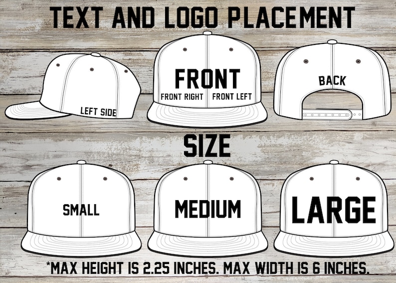 Multiple images of snapback hats showcasing the various text and logo placements. The placements showcase the front, back and left side of the hat.