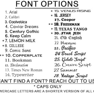 Op de afbeelding: Een lijst met lettertype-opties voor een ontwerp project. De lijst bevat zowel hoofdletters als kleine letters. De tekst "CAN'T FIND A FONT? REACH OUT TO US!" staat onderaan de lijst. De tekst "* CAPS ONLY" staat onder de lijst. De tekst "**LOWERCASE LETTERS ARE A SHORTER VERSION OF ALL CAPS" staat onderaan de lijst.