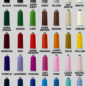 May include: A chart of 30 spools of embroidery thread in various colours, including black, white, red, green, blue, yellow, orange, brown, purple, pink, and teal.