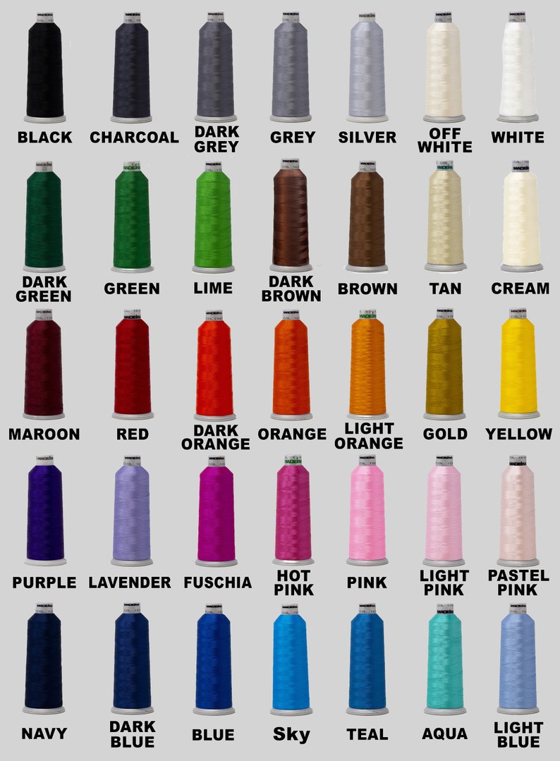 May include: A chart of 30 spools of embroidery thread in various colours, including black, white, red, green, blue, yellow, orange, brown, purple, pink, and teal.