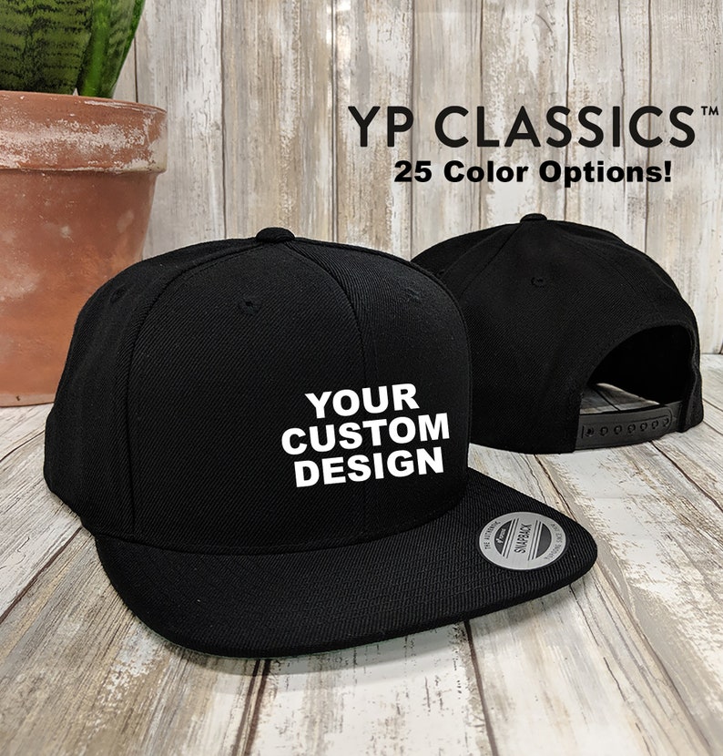 A custom black snapback hat with text embroidery. The front and back of the hat are showcased.