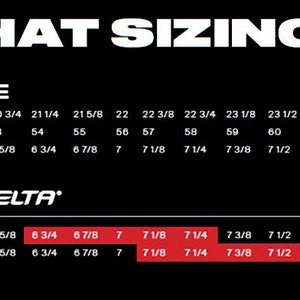 May include: A black and white chart with the text "HAT SIZING" and "FLEXFIT DELTA" in red. The chart shows head sizes in inches and centimetres, and corresponding hat sizes. The chart is divided into two sections: "S/M" and "L/XL".
