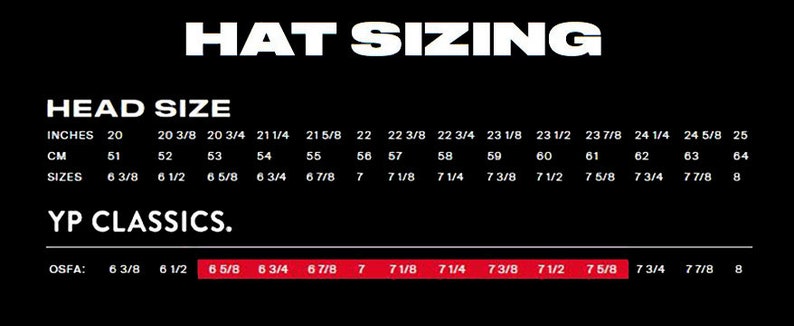The hat size chart for Yupoong Flexfit hats. OSFA is the only size available.