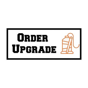 May include: Black and white text on a white background in a black rectangle. The text reads "ORDER UPGRADE" with a small orange line drawing of a spool of thread and needle to the right of the text.