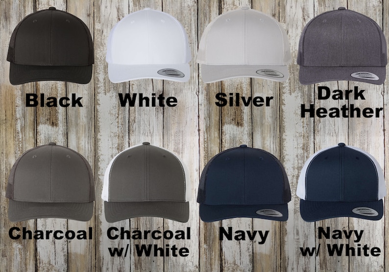 A collection of custom Retro hats. The collection includes colors: Black, charcoal, white, dark heather, charcoal w/ white, navy, navy w/ white and silver