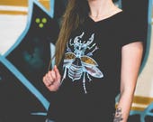 Womens T-shirt STAG-BEETLE Beetle Print V-neck Tshirt Insect Print T-shirt Denim or Black