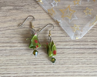 Bijoux origami Boucles d'oreilles origami fleurs de lotus vert