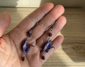 Origami jewelry Japanese paper crane origami earrings Russian purple fluorite beads