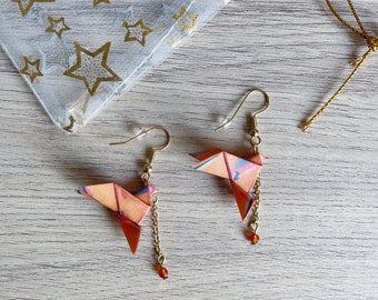 Origami dove, bird, carnelian pearl earrings