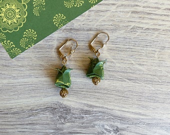 Origami Jewelry Green Lotus Flower Origami Earrings