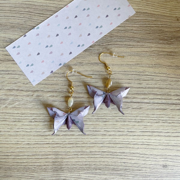 Origami jewelry origami jewelry Origami butterfly earrings, rice grain olive pearl
