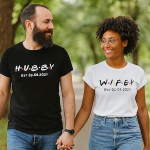 Personalised Hubby / Wifey T-Shirts with Wedding Date | Matching Couple Shirts | Anniversary Gift for Husband & Wife image 1