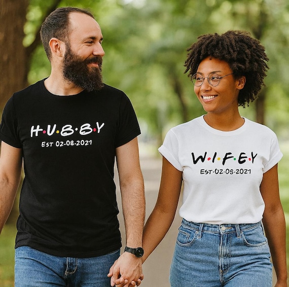 Personalised Hubby / Wifey T-Shirts with Wedding Date | Matching Couple Shirts | Anniversary Gift for Husband & Wife