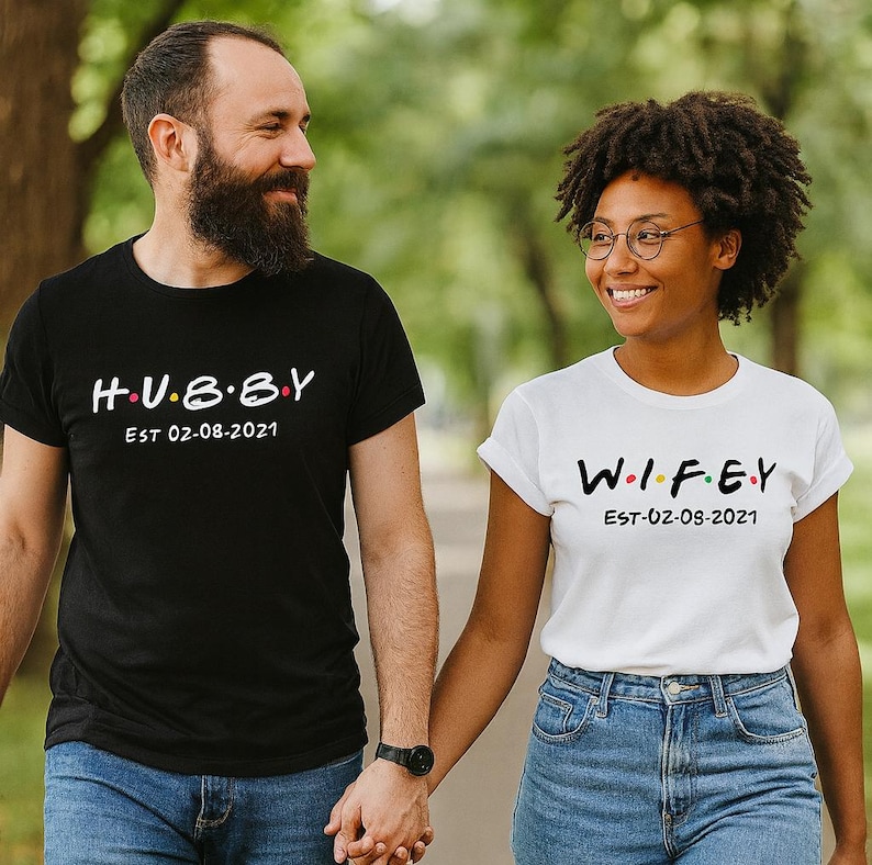 Personalised Hubby / Wifey T-Shirts with Wedding Date | Matching Couple Shirts | Anniversary Gift for Husband & Wife image 1
