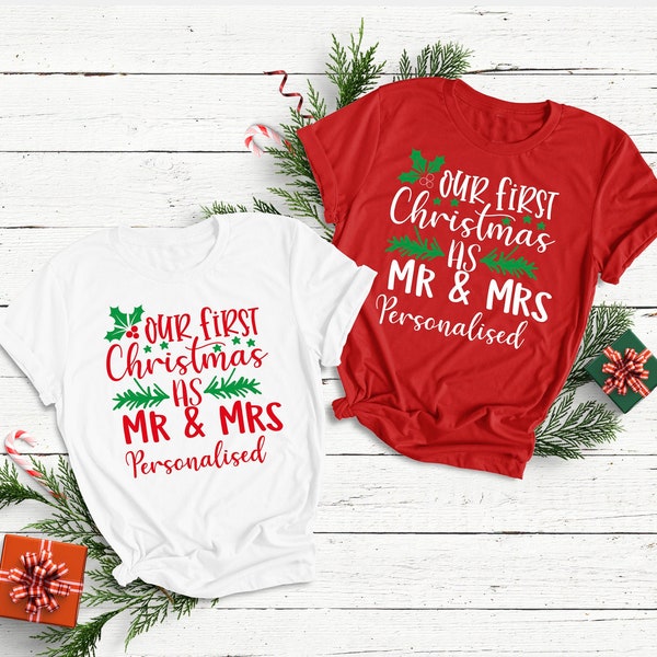 Personalised Our First Christmas as Mr & Mrs T-Shirt - Christmas Wedding tshirt for couples | Married Newlyweds Name
