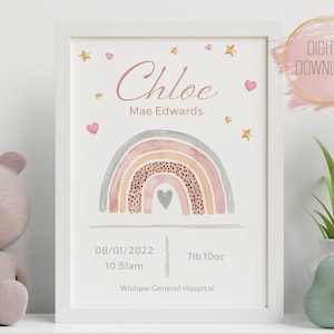 Personalised New Baby DIGITAL DOWNLOAD, Birth Details Watercolour Wall Art, Nursery Art, Custom Baby Name, Newborn Baby Gift, Rainbow Print