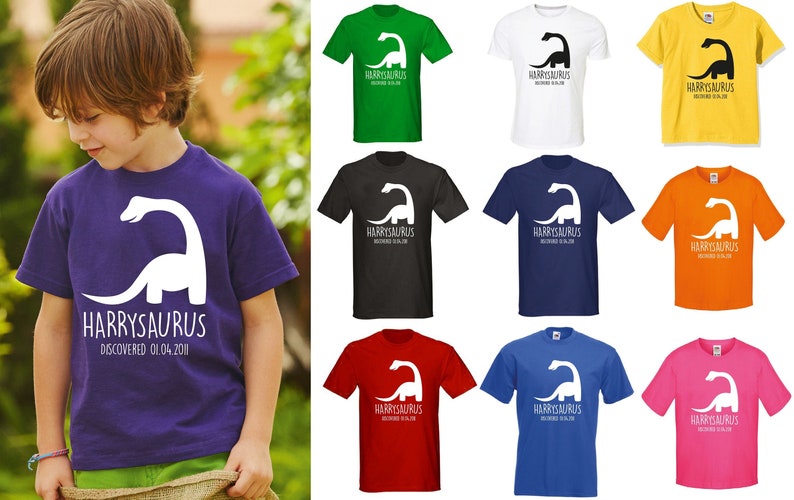 Kids Personalised Dinosaur T-Shirt Any Name and Date Children's Birthday Dino image 1