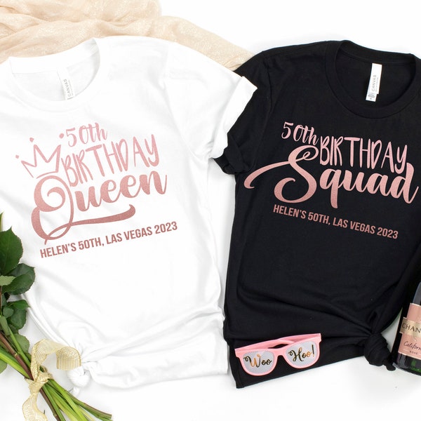 ROSE GOLD 50th Birthday Queen / Birthday Squad Personalised Matching T-Shirts | Party Tees | Birthday Trip Custom Tees