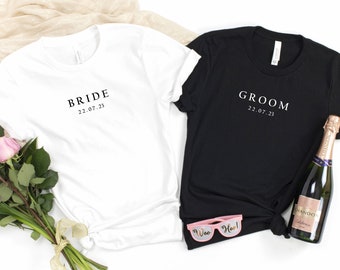 Minimalist Bride Groom T-Shirt: Personalised Wedding Honeymoon Tee