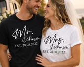 Personalised Mr & Mrs Est T-Shirt | Custom Wedding Date Shirt | Honeymoon Couple Shirts | Newlywed Gift | Matching Bride Groom Tee