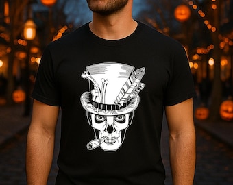 Baron Samedi Voodoo Schädel T-Shirt - Okkultes Gothic Tee - Haitianisches Loa Shirt - Halloween Schädel Design - Gothic spirituelle Kleidung