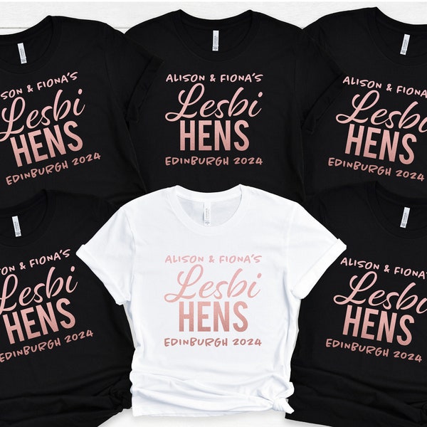 Lesbi Hens Matching Personalised ROSE GOLD Hen Party T Shirts, Rude Hen Do T Shirts, Lesbian Hen Party Shirts, Gay Hen Do Tshirts