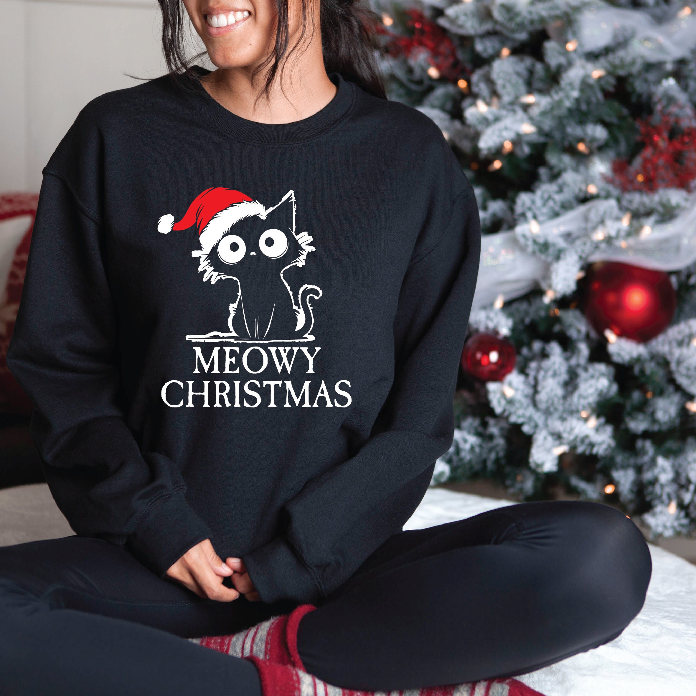 Meowy Christmas Black Cat Sweatshirt RX301 Funny Christmas Jumper