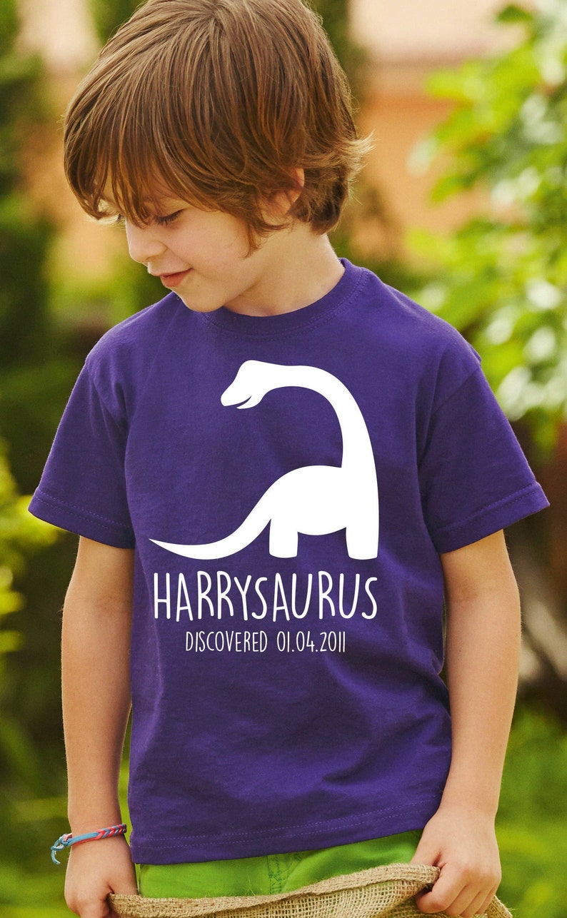 Kids Personalised Dinosaur T-Shirt Any Name and Date Children's Birthday Dino image 2