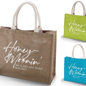 Personalisierte Honeymoonin 'Strandtasche KI011 | Flitterwochen Jute Strandtasche | Geschenk für Braut oder Bräutigam Urlaub Urlaub Just Married