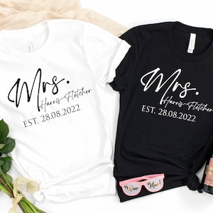 Mrs and Mrs Est. Personalised Name & Date T-Shirt | Husband and Wife Couples Honeymoon Tshirt | Finally Matching Wedding Tee