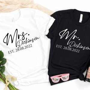 Mr Mrs Est. Personalised Name & Date T-Shirt | Husband and Wife Couples Honeymoon Tshirt | Finally Matching Wedding Tee