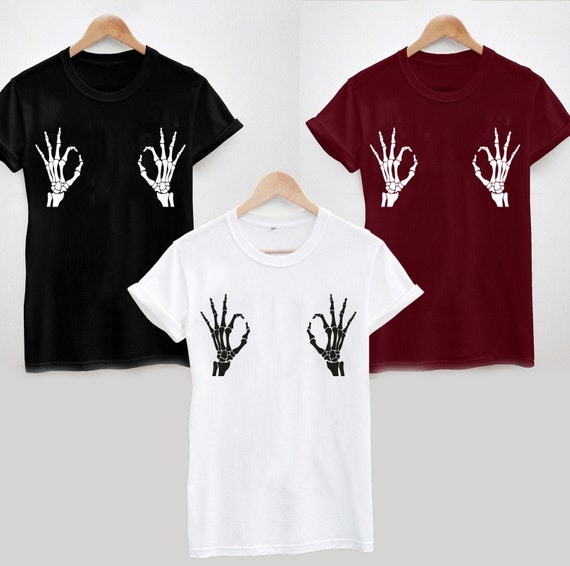 Pinching Skeleton Hands on Boobs T-shirt, Funny, Rude, Halloween
