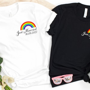 Personalised Just Married Rainbow Print Tshirt | Customised date | Same Sex Wedding | LGBQT | Pride