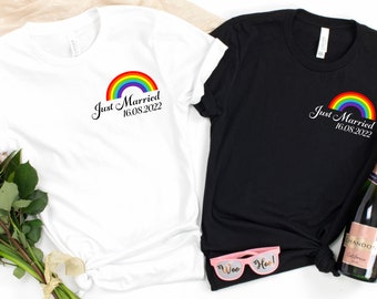 Personalised Just Married Rainbow Print Tshirt | Customised date | Same Sex Wedding | LGBQT | Pride