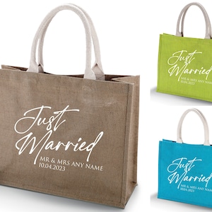 Personalisierte Just Married Strandtasche KI011 | Flitterwochen Jute Strandtasche | Geschenk für Braut oder Bräutigam Urlaub Urlaub
